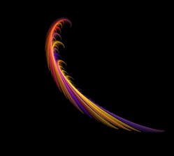 A vibrant rainbow colored swoosh or flourish against a deep black background.
