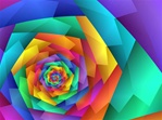 A rainbow of bright primary colors spirals into the center of this image, which features strong angular lines and a fractured sense of fragmentation.