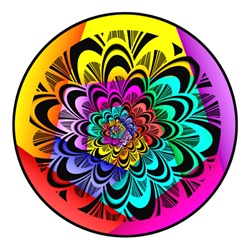 This colored floral disc or ball has an interesting juxtaposition of rainbow colors that leads the eye inwards. It looks like a mandala at first glance, but on closer examination, you'll find that it's completely asymmetrical!