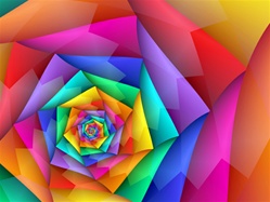Rainbows of lively color in bright primary hues spiral into the center of this image, which features jagged, zigzag lines and triangle shapes.