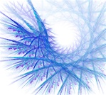 This feathery fractal image in shades of blue, cyan, purple, and magenta on white is suggestive of icy fingers of frost and the shivery cold of winter.