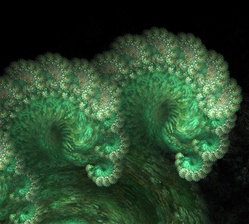 This unusual fractal render resembles a plump green caterpillar, the delicate growth of new ferns, or even a wave cresting. Look closely — it's edged with baby spirals.