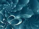 In this subtle image, a fractal bow floats above an aquatic scene in shades of teal. Spirals and other details evoke bubbles and the movement of ocean currents.