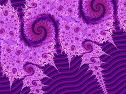 Spiky magenta icicles housing curly spirals creep down over a wavy purple background.
