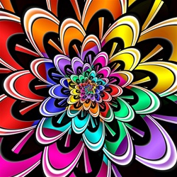 This fractal resembles a flower or dahlia and features a brilliant starburst of rainbow colors in bright primary hues.
