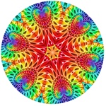 This mandala in a rainbow palette has a beaded look, and is made from our Rainbow Pinball Wheel fractal.