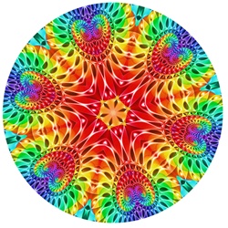 This mandala in a rainbow palette has a beaded look, and is made from our Rainbow Pinball Wheel fractal.
