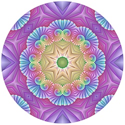 This mandala contains a soft floral motif in tones of blue, purple, cyan, and magenta, and is made from our <em>Chiffon Nautilus</em> fractal. Great emblem for a massage therapist or other health practitioner!