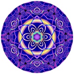 This vibrant blue and purple mandala is made from our Symphony in C# Minor fractal. It contains a delicate lacy edge effect around a strong central brass ring containing a six-pointed star.