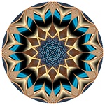 Pointed gold spokes emanate from the core of this mandala, which has a deep blue center. Like the other mandalas made from our Spore Farm fractal, it seems to have a feel of ancient Egypt, Persia, or other realms of antiquity.
