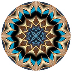 Pointed gold spokes emanate from the core of this mandala, which has a deep blue center. Like the other mandalas made from our Spore Farm fractal, it seems to have a feel of ancient Egypt, Persia, or other realms of antiquity.