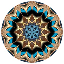Pointed gold spokes emanate from the core of this mandala, which has a deep blue center. Like the other mandalas made from our Spore Farm fractal, it seems to have a feel of ancient Egypt, Persia, or other realms of antiquity.