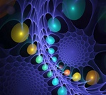 These glowing yellow and cyan pearls caught in a delicate blue web have an organic but unearthly feel.