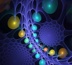 These glowing yellow and cyan pearls caught in a delicate blue web have an organic but unearthly feel.