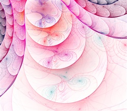 Delicate pink and magenta threads form complex twinned spirals against a pale pink background.