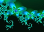 Here, a colorful procession of fractal butterflies in blue and green performs a stately line dance, with loops and spirals spinning off into black space.