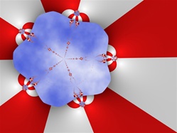 Alternating red and white stripes radiate from a blue sky, surrounded by dome-like structures. This Canada Day fractal evokes thoughts of balloons, tents, and a country's birthday celebrations.