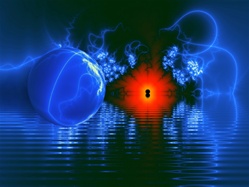 Lightning-like trails, a mysterious floating ball, and an eerie red glow over a dark blue lake at night give this image a strange, alien feel. Great for a sci-fi theme!