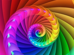 A coil of strong primary hues spirals into the center of this brilliant rainbow image. Great motif for a pride event!