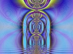 A mystical alien door or gateway beckons in the distance, over a tranquil lake, while electric currents hum and sing in the air.