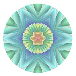 This pretty fractal mandala has a floral motif, delicate pastel spring colors, marked by tones of blue, green, cyan and yellow. This would make a lovely logo for a massage therapist or other health practitioner.