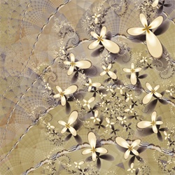 A pale swarm of fractal butterflies spirals into a patterned background in neutral tones of grey and beige, in this low-key image.