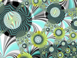 This abstract fractal has an aquatic color palette and an underwater seaweed motif. Can you see the waving strands of kelp among the bubbles?