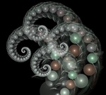 Spirals of translucent pearly spheres unfurl, like ferns or peapods, against a a deep black background. Yet again, fractal art emulates the natural world!