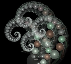 Spirals of translucent pearly spheres unfurl, like ferns or peapods, against a a deep black background. Yet again, fractal art emulates the natural world!