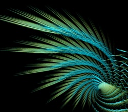This image shimmers with iridescent tones of green and blue and is suggestive of peacock, parakeet, or parrot feathers. Its lovely wing shape evokes birds in flight.