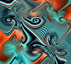 This fractal is created with a Popcorn formula, so we named it for the snack food king. The image's orderly four quadrant design in intense cyan and red conflicts with its chaotic content to create a strange sense of restlessness.