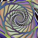 A delicate 3D stencil silhouette spirals into the center of the image, against a muted green, gold and purple, background.