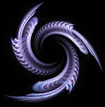 This feathery blue and lavender three-armed spiral glows against its black background. Look closely -- there are spirals spinning off spirals. What a great graphic design element or logo for some forward-thinking organization!