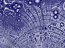 This monochromatic blue design features a criss-cross matrix and a welter of transparent bubbles. An underwater scene or deep space? In either case, it would present a fabulous puzzle challenge!