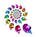 A sequence of perfect little hearts, in lively rainbow stripes, forms a neat spiral against a white background. Great logo for a gay pride event or organization!