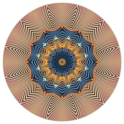 Blue and gold starbursts radiate from the center of this mandala, which has a feel of ancient Egypt, Persia, or other parts of the ancient world. It was made from our Spore Farm fractal.