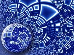 A marble-like blue orb floats before an intricate curved matrix evocative of an interstellar world or space city. Great sci-fi book cover!