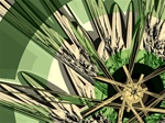 In this abstract fractal, a golden spoked wheel rests before a mass of spiky green plants resembling rushes or perhaps yucca. A spring palette with a fractured, jagged edginess.