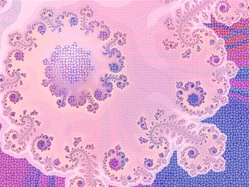 In this very feminine fractal, a delicate iridescent pink spiral swirls against a mosaic tile background in shades of pink, blue, magenta and purple. Great for a puzzle or textile design.